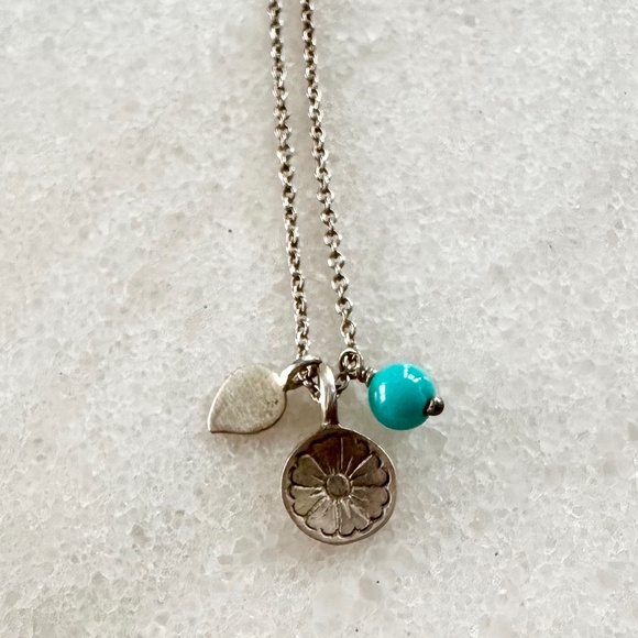 Me&Ro Necklace, Sterling Silver Flower with Turquoise Bead Pendant - Picture 2 of 8